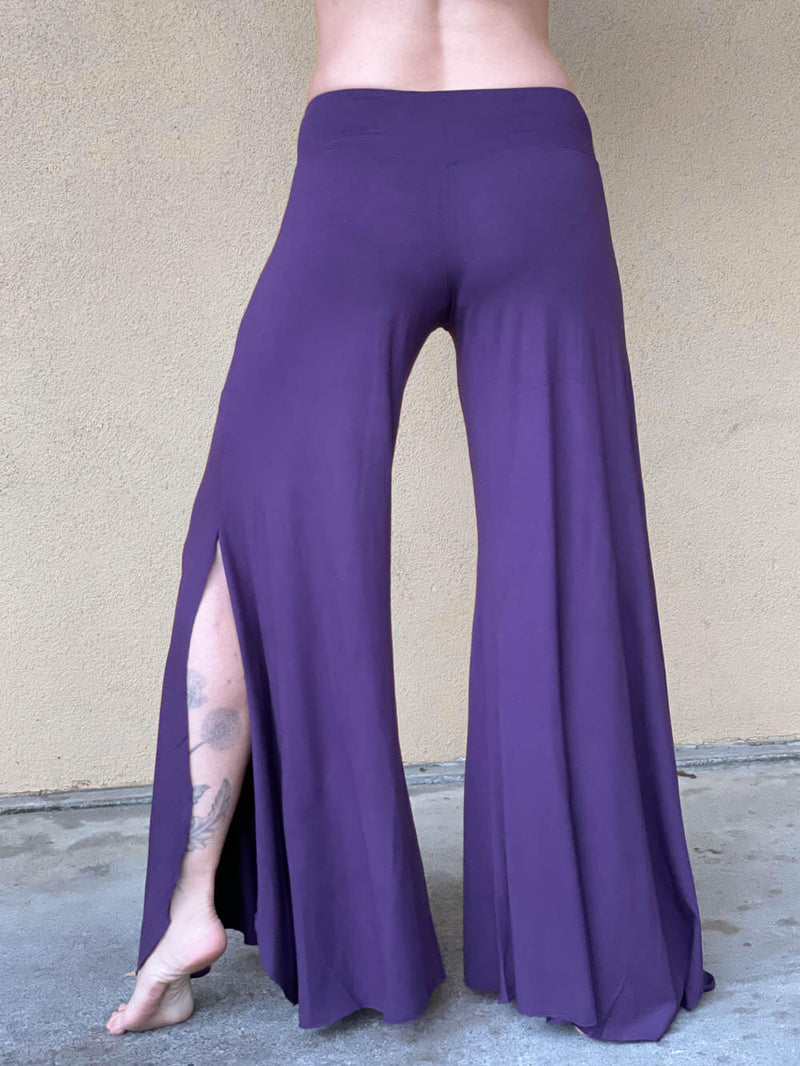 women's natural rayon jersey stretchy purple slit flow pants with elastic waistband #color_plum