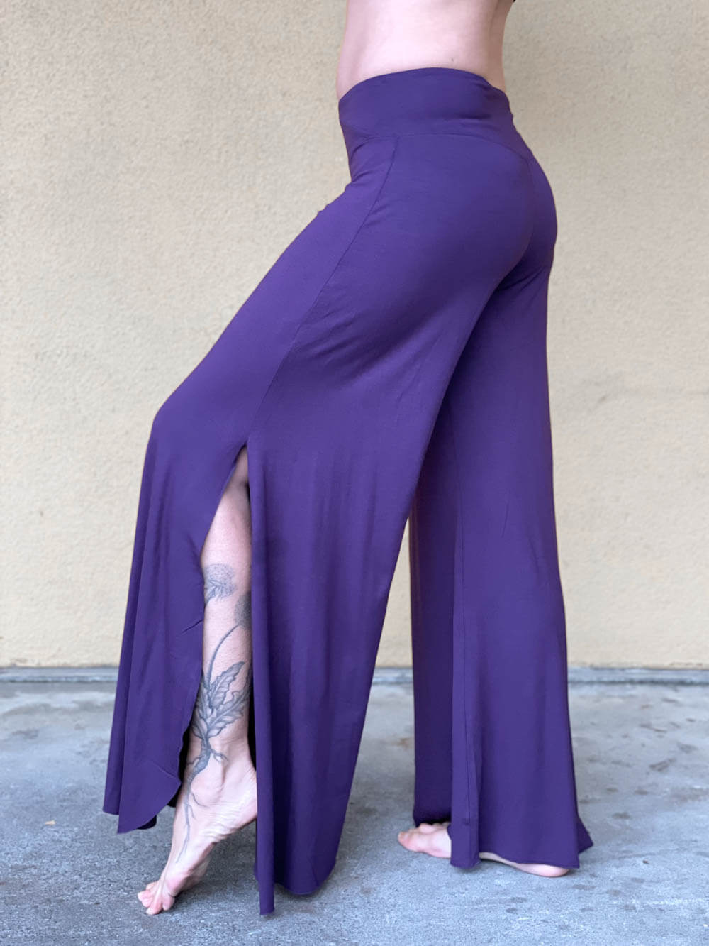 women's natural rayon jersey stretchy purple slit flow pants with elastic waistband #color_plum