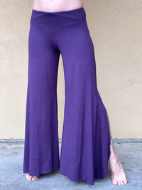 women's natural rayon jersey stretchy purple slit flow pants with elastic waistband #color_plum