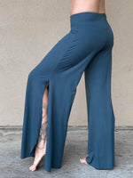 women's natural rayon jersey stretchy teal blue slit flow pants with elastic waistband #color_teal