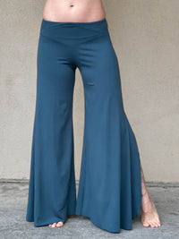 women's natural rayon jersey stretchy teal blue slit flow pants with elastic waistband #color_teal