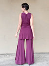 women's plant based stretchy rayon jersey v-neck twist front wide band purple sleeveless tunic and purple slit flow pants #color_jam