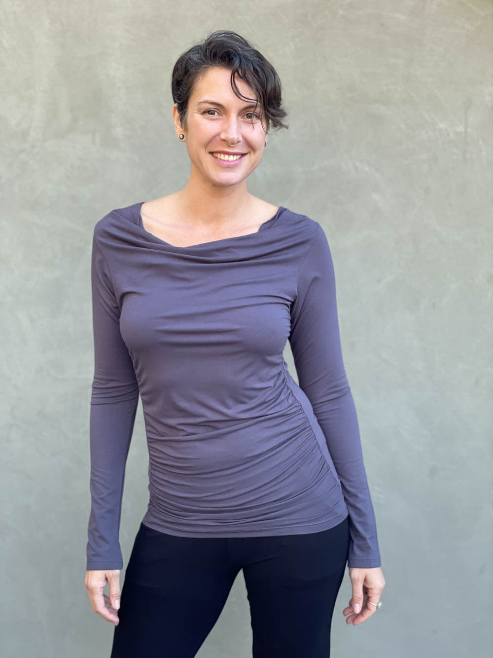 women's plant based rayon jersey long sleeve steel grey top with slight cowl neck and side ruching #color_steel