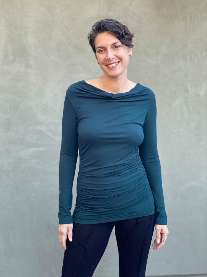 women's plant based rayon jersey long sleeve teal blue top with slight cowl neck and side ruching #color_teal