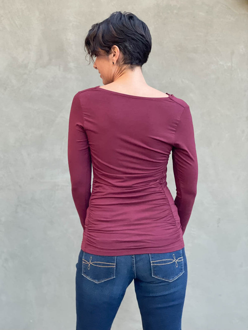 women's plant based rayon jersey long sleeve maroon top with slight cowl neck and side ruching #color_wine