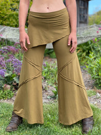 women's natural rayon jersey skirt over brass color wide leg pants with raised diagonal stitching #color_brass