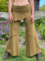 women's natural rayon jersey skirt over brass color wide leg pants with raised diagonal stitching #color_brass