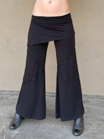women's natural rayon jersey skirt over wide leg pants with raised diagonal stitching #color_black