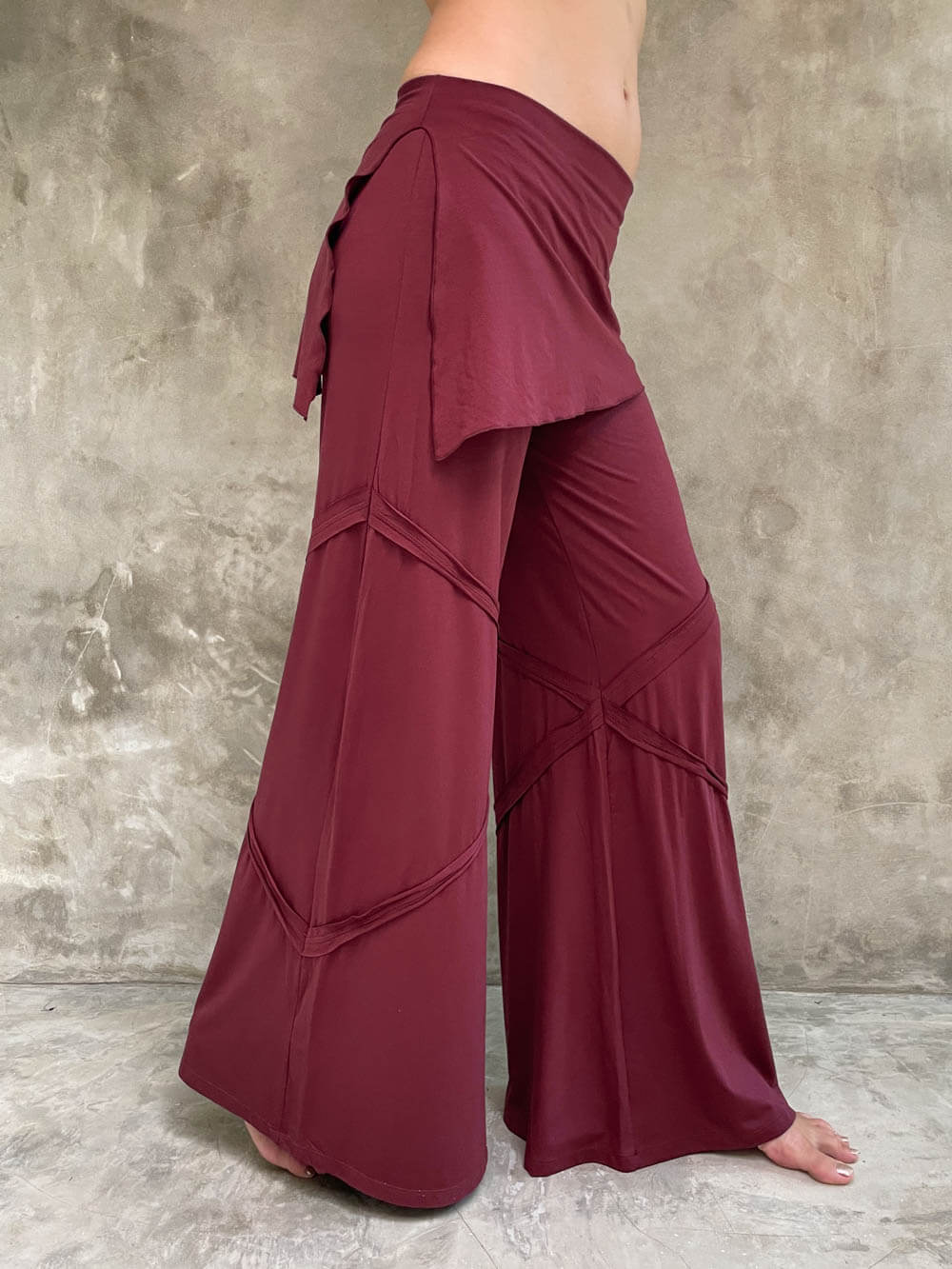 women's natural rayon jersey skirt-over maroon wide leg pants with raised diagonal stitching #color_wine