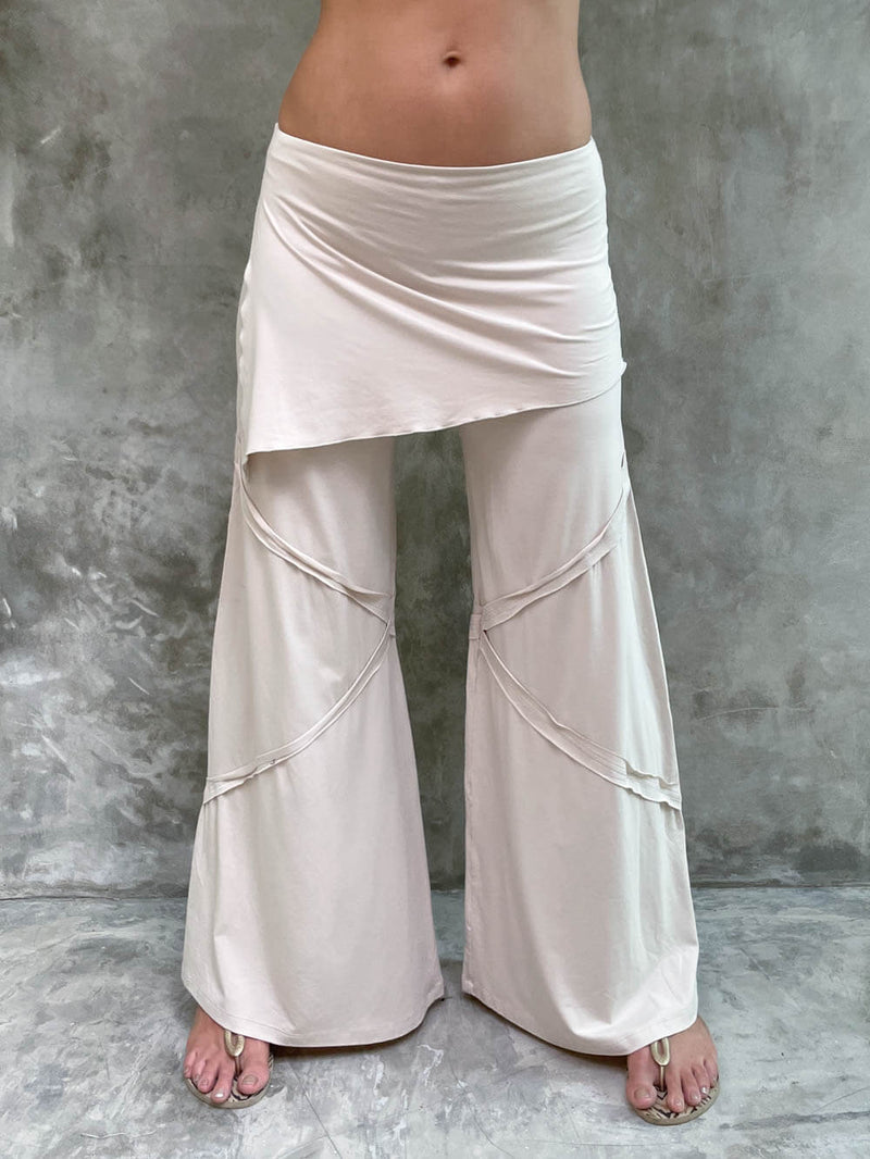women's natural rayon jersey skirt-over cream wide leg pants with raised diagonal stitching #color_winter-white