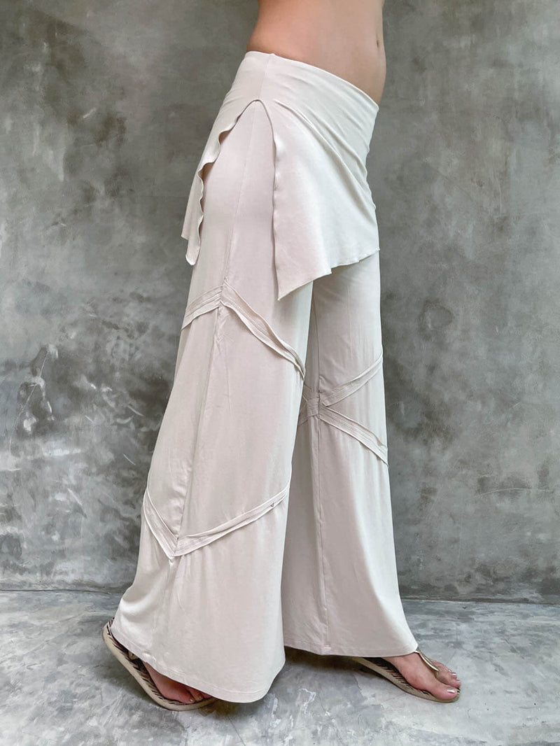 White Linen Blouse with Beige Wide Leg Pants | Sumissura