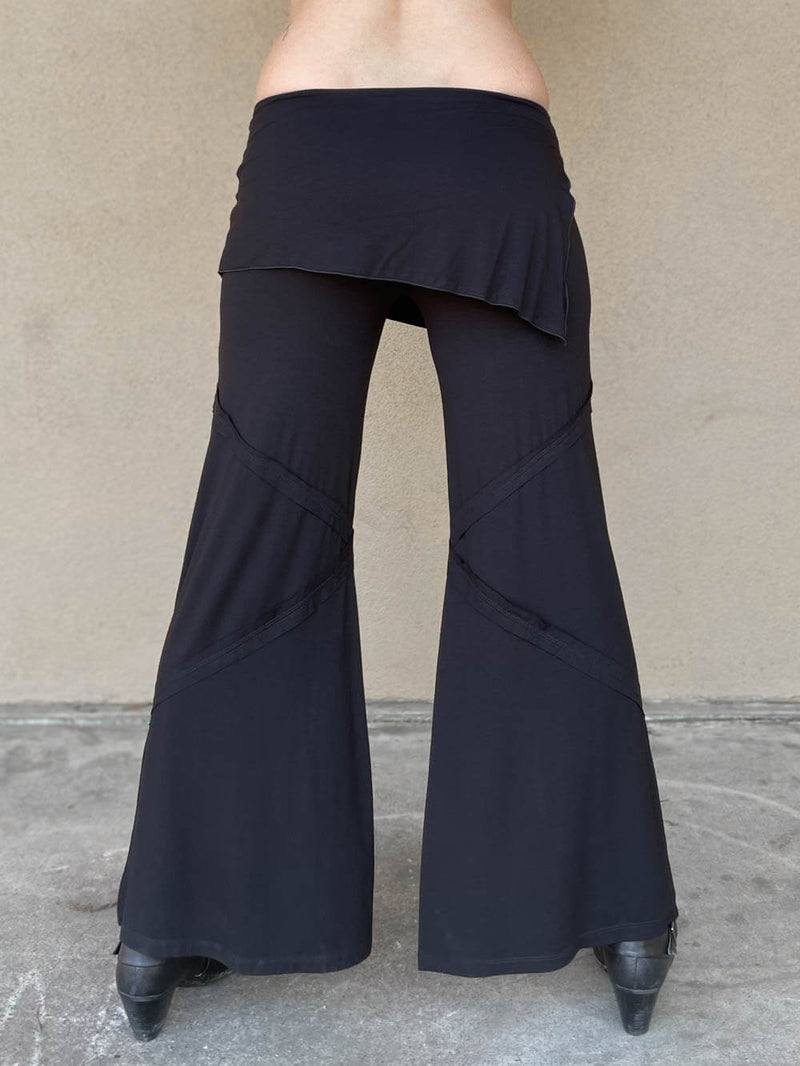 women's natural rayon jersey skirt over black wide leg pants with raised diagonal stitching #color_black