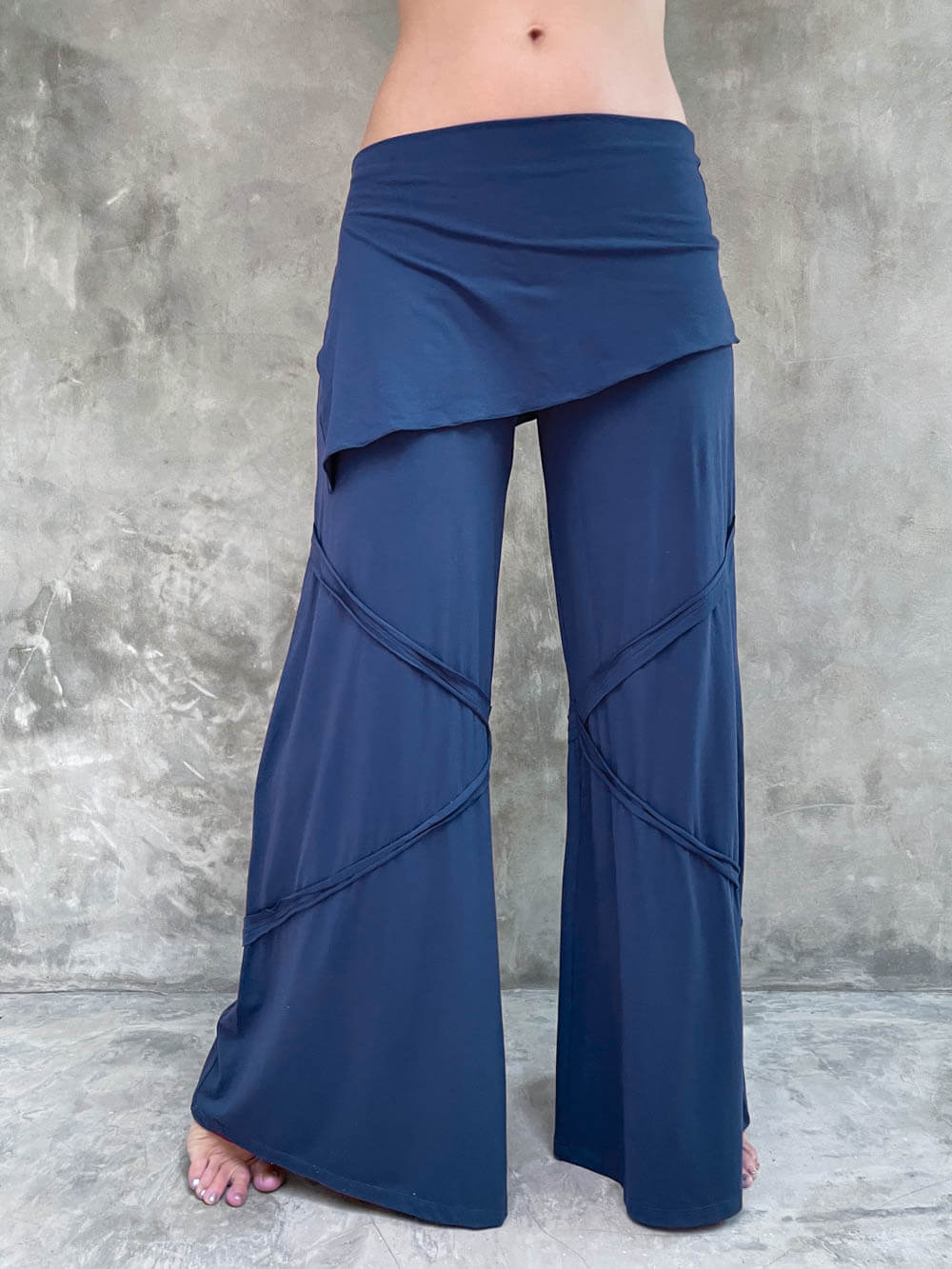 women's natural rayon jersey skirt-over navy blue wide leg pants with raised diagonal stitching #color_navy