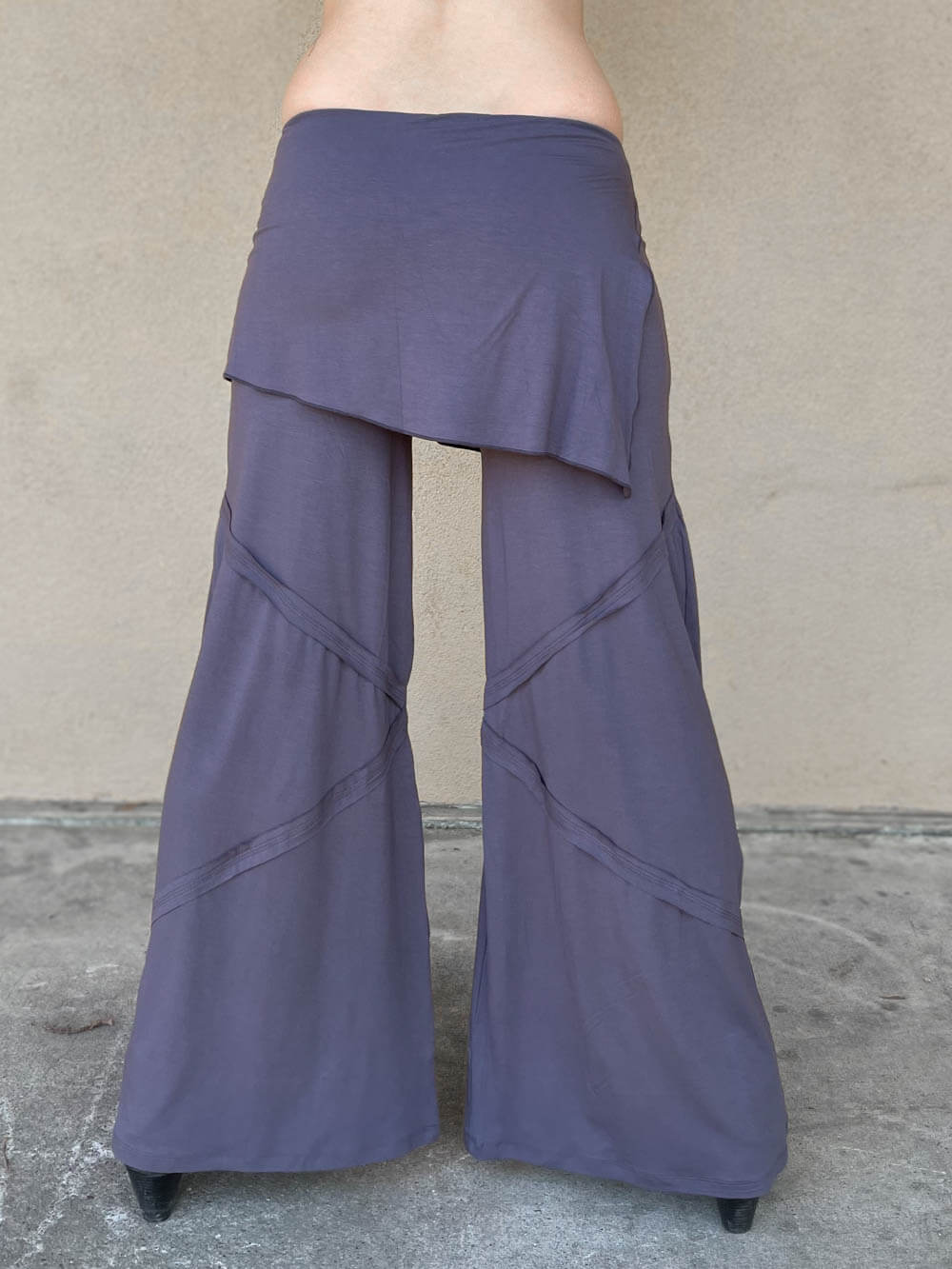 women's natural rayon jersey skirt over wide leg pants with raised diagonal stitching #color_steel