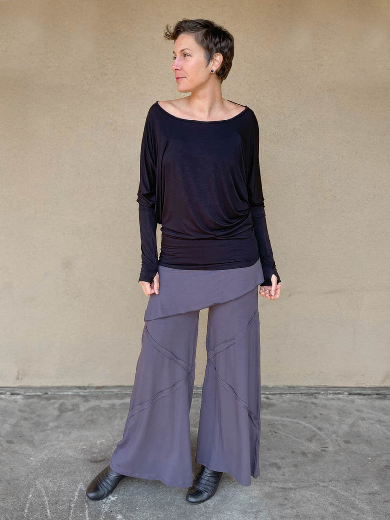 women's natural rayon jersey skirt over wide leg pants with raised diagonal stitching #color_steel