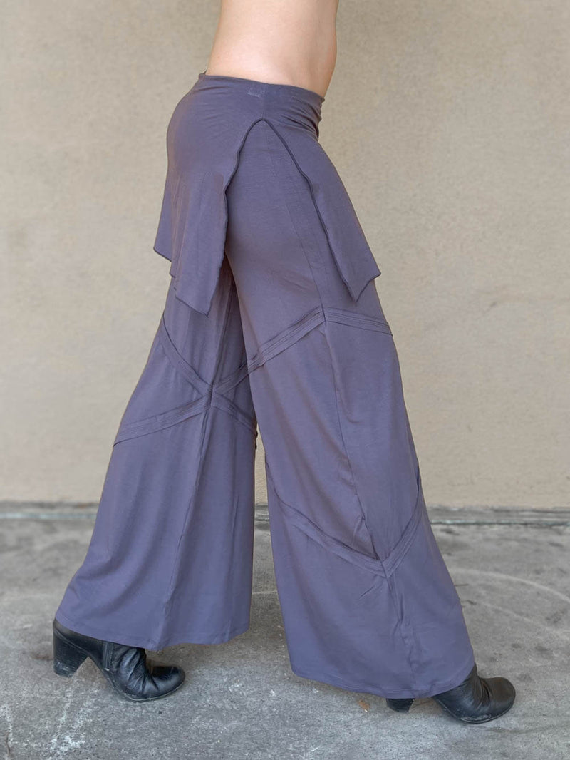 women's natural rayon jersey skirt over wide leg pants with raised diagonal stitching #color_steel
