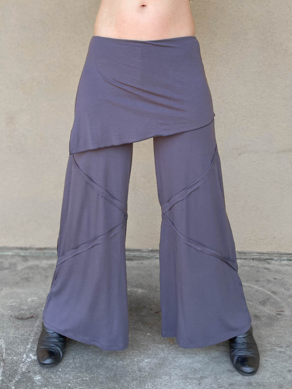 women's natural rayon jersey skirt over wide leg pants with raised diagonal stitching #color_steel