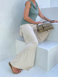 women's natural rayon jersey skirt-over cream wide leg pants with raised diagonal stitching #color_cream