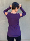 women's plant based stretchy rayon jersey long sleeve peekaboo shoulder purple top with thumbholes #color_plum