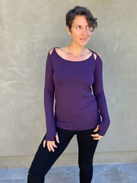 women's plant based stretchy rayon jersey long sleeve peekaboo shoulder purple top with thumbholes #color_plum