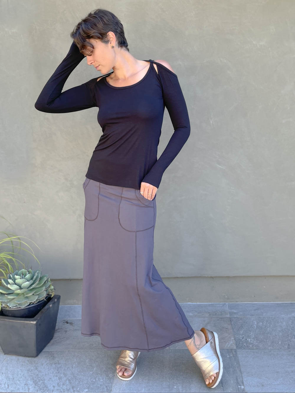 women's bamboo spandex stretchy long steel grey skirt with two pockets #color_steel