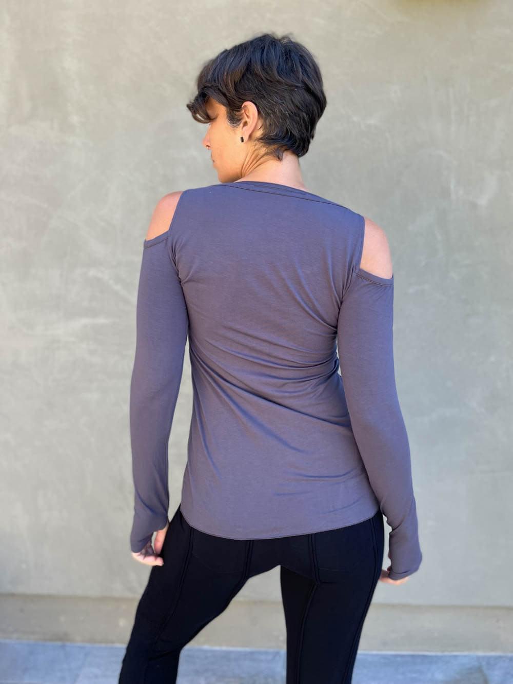 women's plant based stretchy rayon jersey long sleeve peekaboo shoulder steel grey top with thumbholes #color_steel