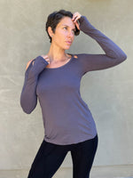women's plant based stretchy rayon jersey long sleeve peekaboo shoulder steel grey top with thumbholes #color_steel