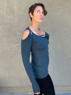 women's plant based stretchy rayon jersey long sleeve peekaboo shoulder teal blue top with thumbholes #color_teal