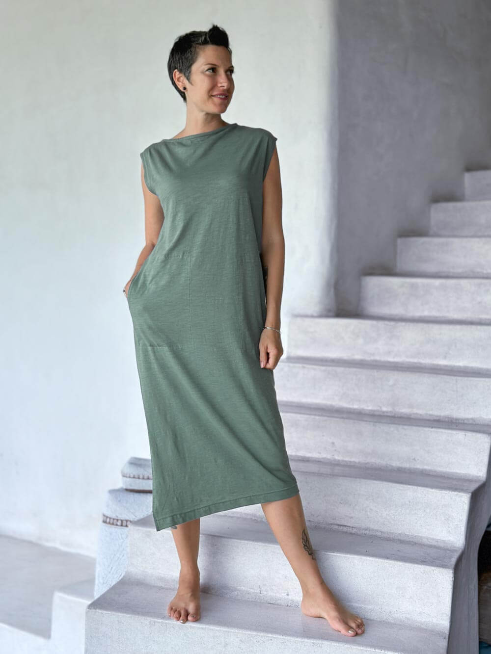 caraucci cotton pocket dress #color_matcha
