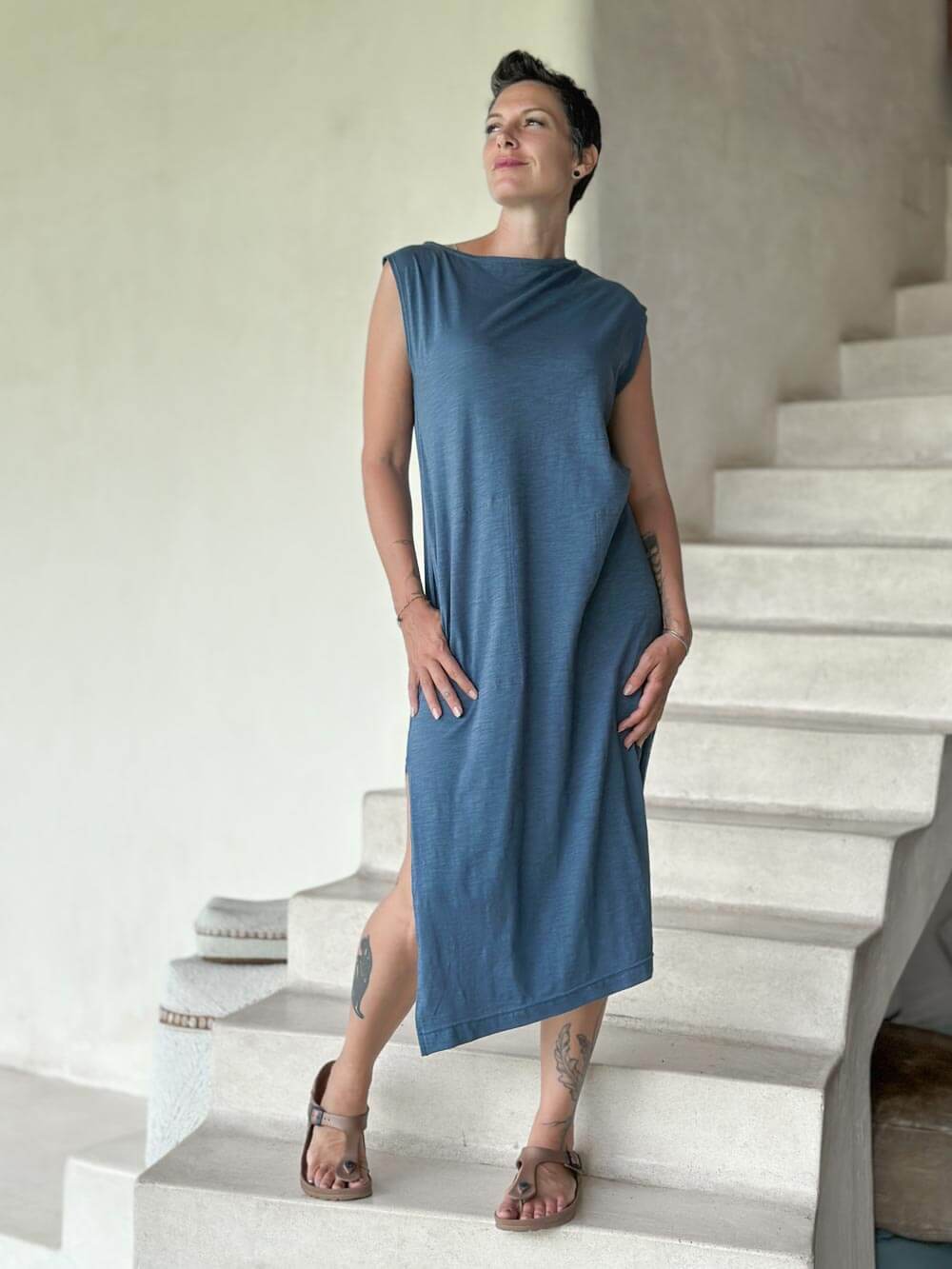 caraucci cotton pocket dress #color_pacific