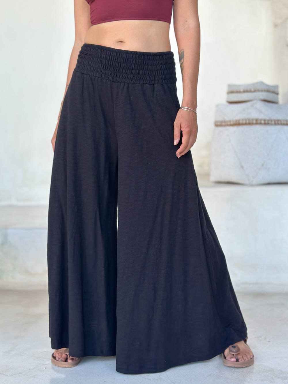 caraucci cotton smocked waist black wide leg flow pants #color_black