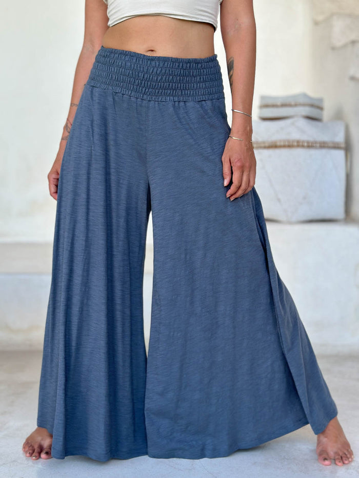 caraucci cotton smocked waist grey wide leg flow pants #color_carbon