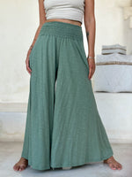 caraucci cotton smocked waist sage green wide leg flow pants #color_matcha