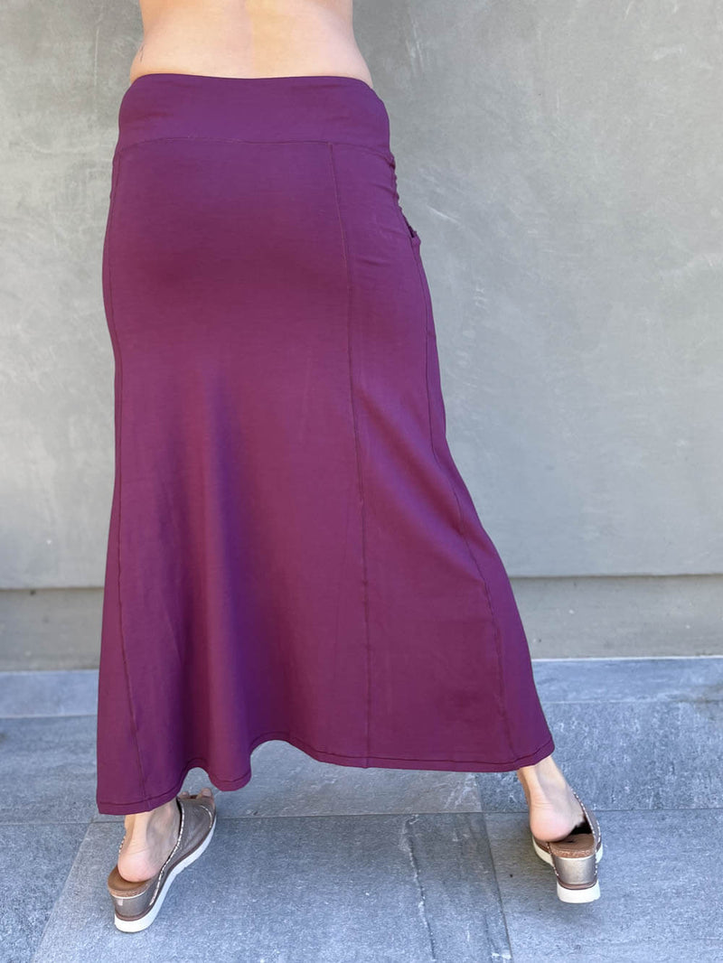 women's bamboo spandex stretchy long purple skirt with two pockets #color_jam
