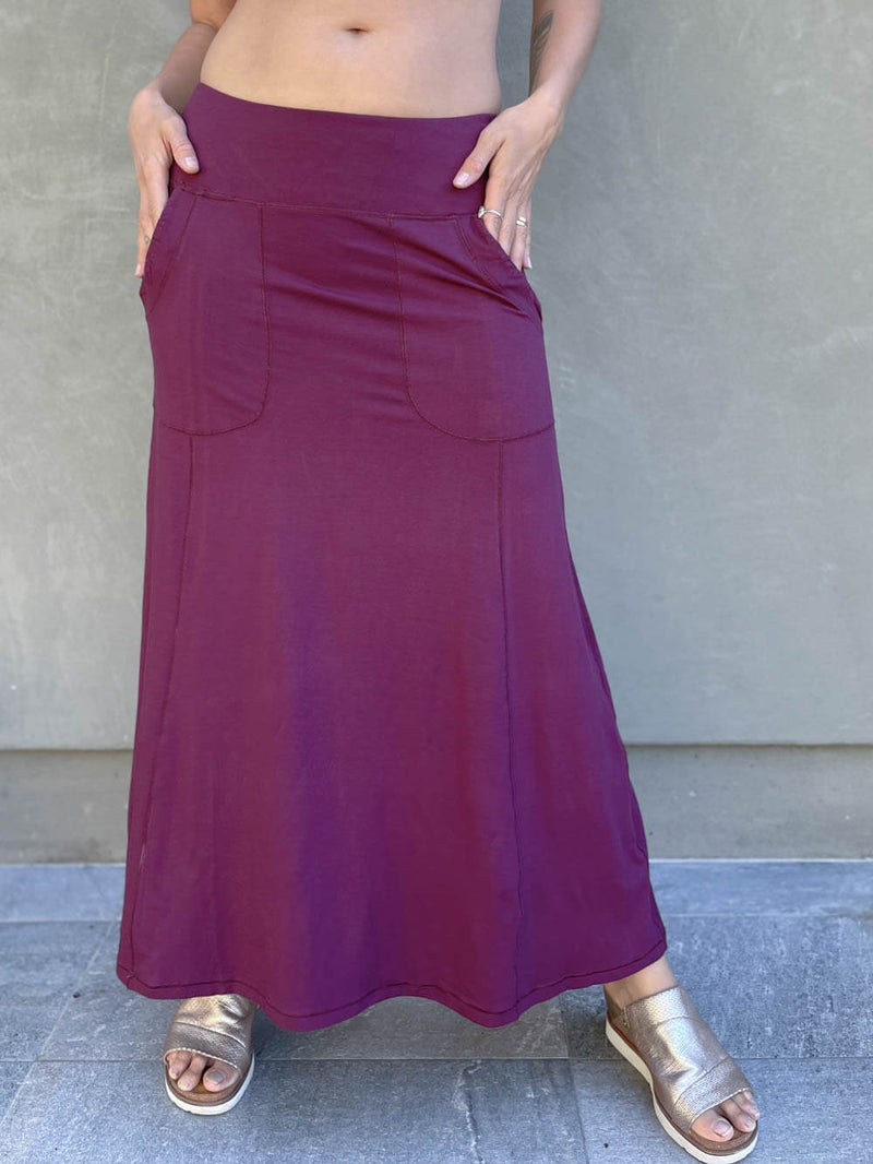women's bamboo spandex stretchy long purple skirt with two pockets #color_jam