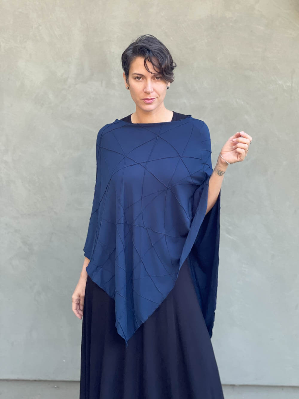 caraucci women's plant based rayon jersey navy blue versatile poncho can be worn multiple ways #color_navy