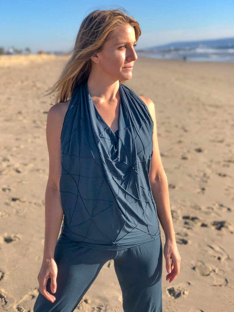 caraucci women's plant based rayon jersey teal blue textured poncho can be worn multiple ways; show as a halter top #color_teal