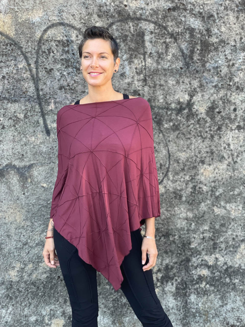 caraucci women's plant based rayon jersey maroon versatile poncho can be worn multiple ways; dress, skirt, halter top #color_wine