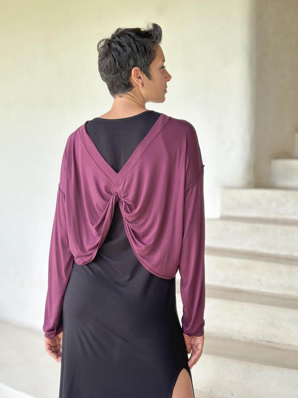 caraucci lightweight rayon jersey reversible long sleeve purple shrug and top  #color_jam