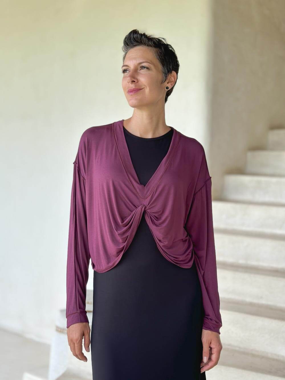 caraucci lightweight rayon jersey reversible long sleeve purple shrug and top  #color_jam