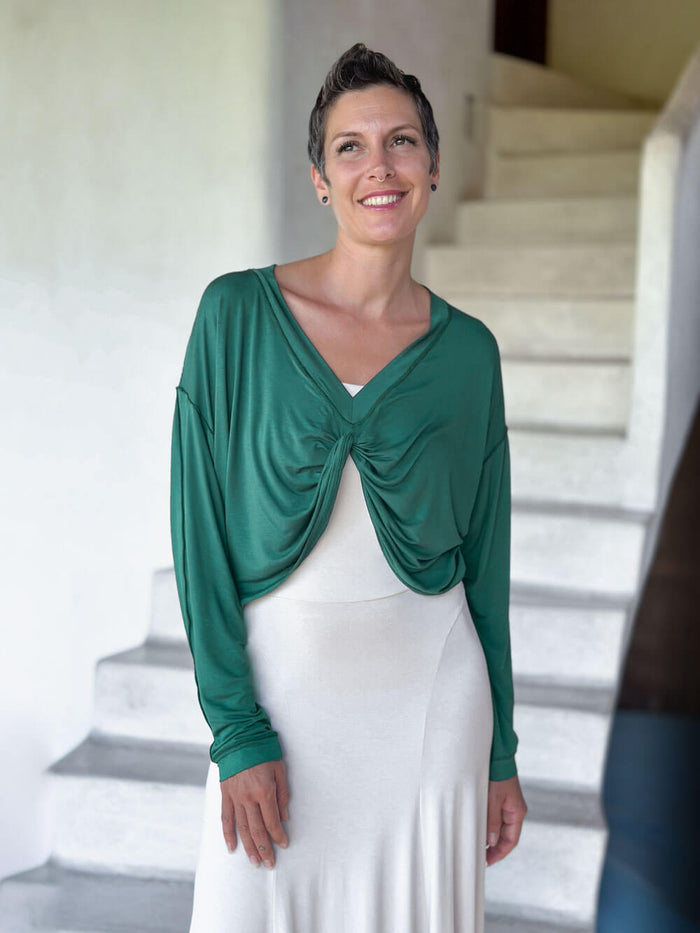 caraucci lightweight plant-based-rayon jersey jasper green reversible long sleeve knot front shrug top #color_jasper