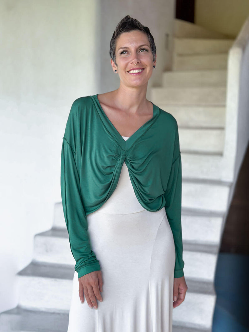 caraucci lightweight plant-based-rayon jersey jasper green reversible long sleeve knot front shrug top #color_jasper