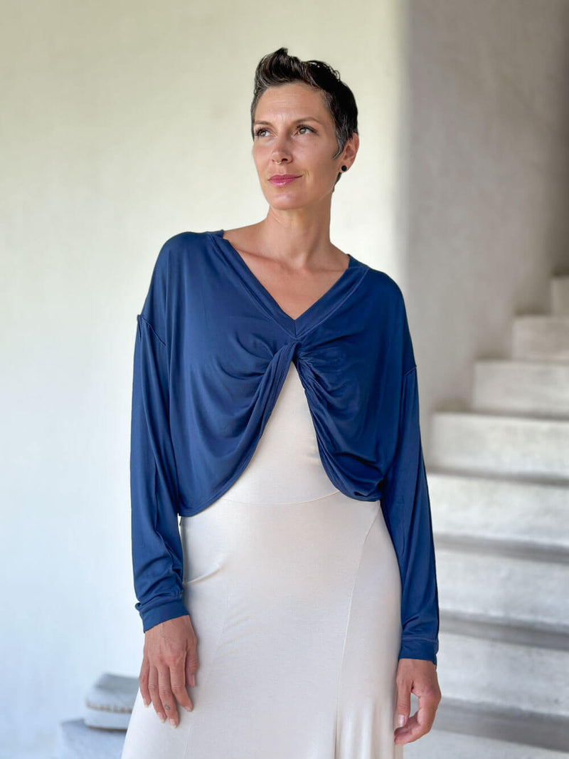 caraucci lightweight plant-based-rayon jersey navy blue reversible long sleeve knot front shrug top #color_navy