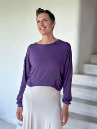 caraucci lightweight plant-based-rayon jersey purple reversible long sleeve knot front shrug top #color_plum