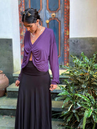 caraucci lightweight plant-based-rayon jersey purple reversible long sleeve knot front shrug top #color_plum