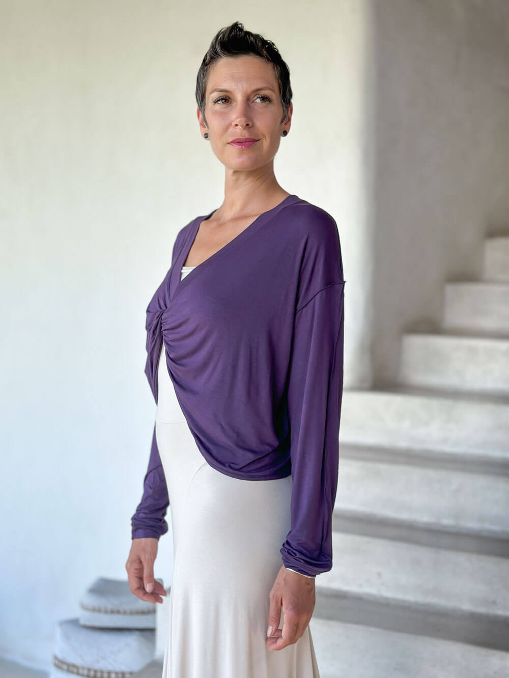 caraucci lightweight plant-based-rayon jersey purple reversible long sleeve knot front shrug top #color_plum