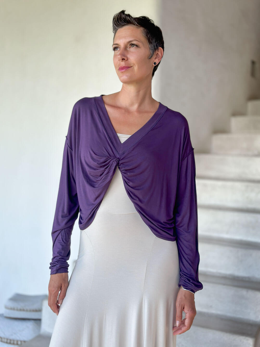 caraucci lightweight plant-based-rayon jersey purple reversible long sleeve knot front shrug top #color_plum