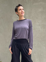 caraucci lightweight plant-based-rayon jersey steel grey reversible long sleeve knot front shrug top #color_steel
