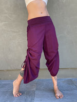 women's natural rayon lightweight loose fit adjustable purple side ruched pants with stretchy wide waistband #color_jam
