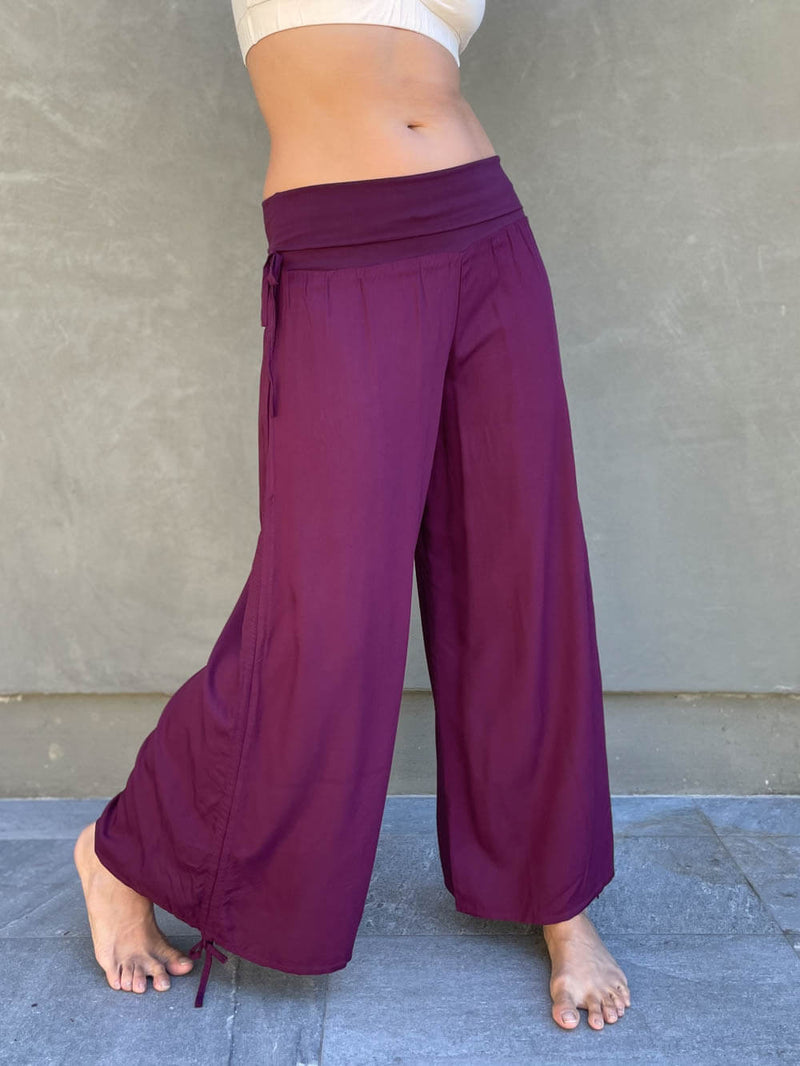 WIDE LEGS Relaxed Fit Pants, Fold Over Band Yoga Pants 